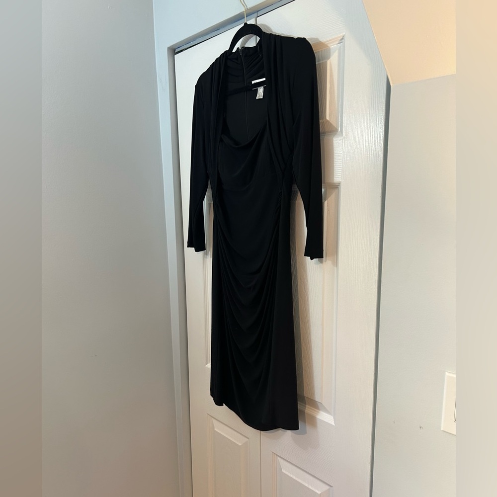 JS Boutique Black Ruched Midi Dress Long Sleeve Bodycon Draped Size 10